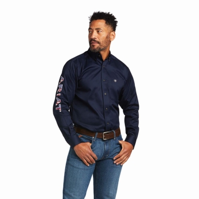 Camicie Ariat Team Logo Twill Fitted Uomo Blu Marino Strisce | IT194DAEI