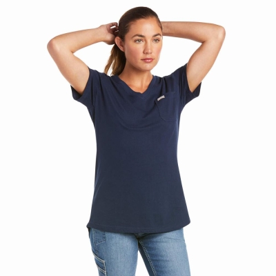 Short Sleeve Ariat Rebar Cotone Strong V-Neck Donna Blu Marino | IT098RXBT