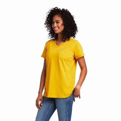 Short Sleeve Ariat Rebar Cotone Strong V-Neck Donna Oro | IT573MPRN