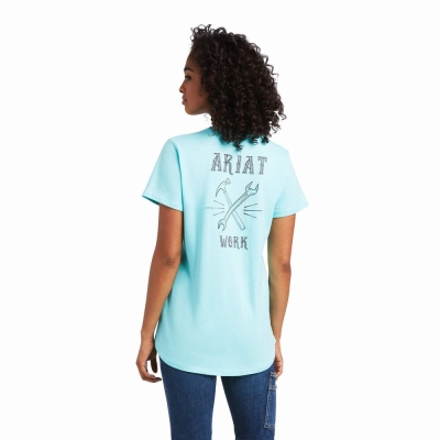 Top Ariat Rebar Cotone Strong Wrench Grafica Donna Verde Acqua Chiaro Blu | IT102SAFY