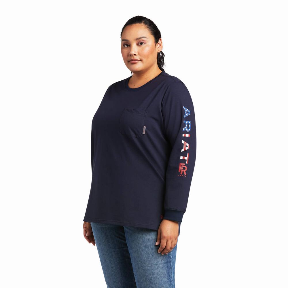 Camicie Ariat FR Stretch Logo Donna Blu Marino | IT136DGTP