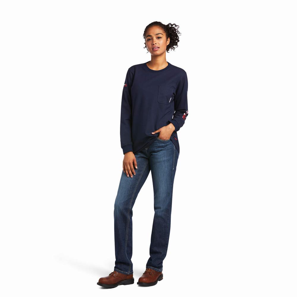 Camicie Ariat FR Stretch Logo Donna Blu Marino | IT136DGTP