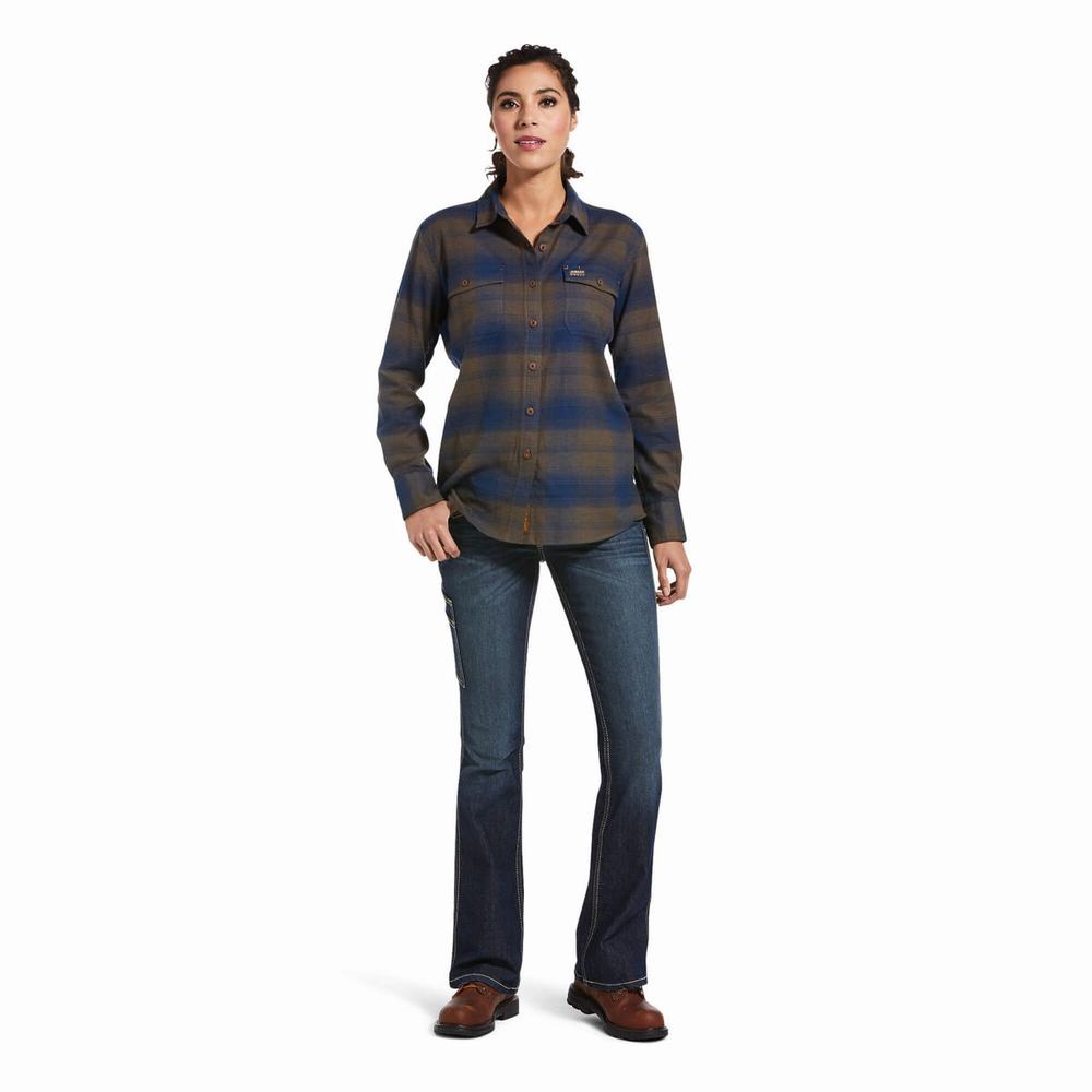 Camicie Ariat Rebar Flannel DuraStretch Donna Blu Marino | IT143HBLU