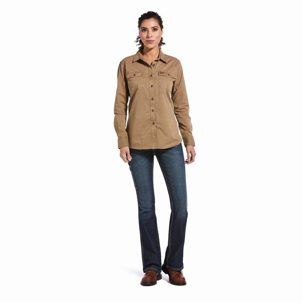 Camicie Ariat Rebar Washed Twill Donna Khaki | IT560QZCA