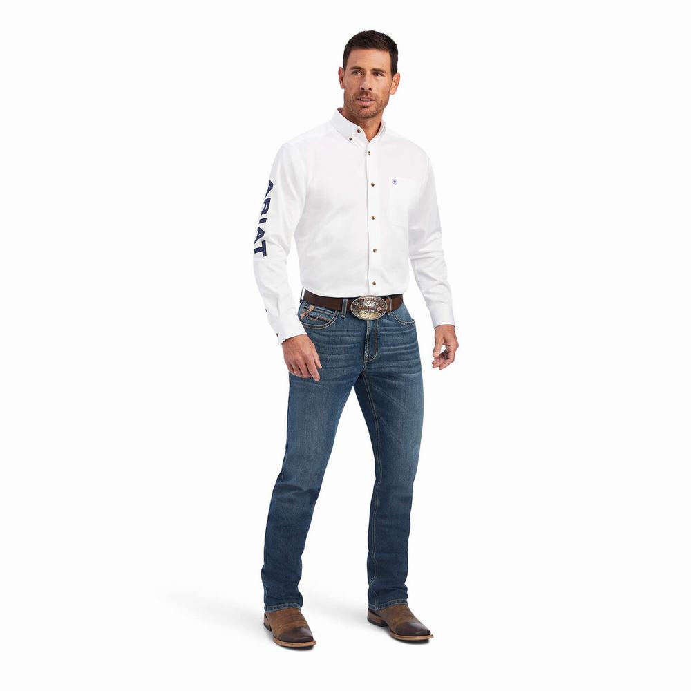 Camicie Ariat Team Logo Twill Classiche Fit Uomo Bianche Blu | IT819FRZS