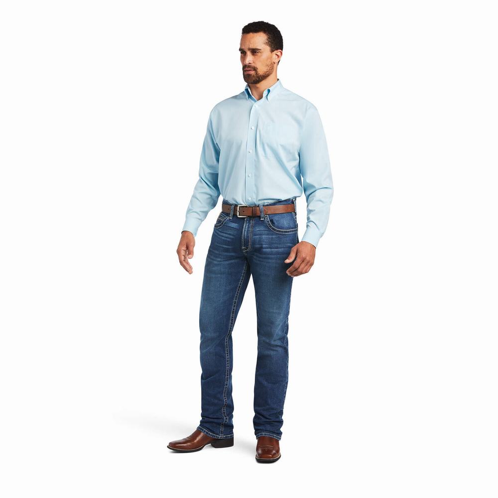 Camicie Ariat Wrinkle Free Solid Pinpoint Oxford Classiche Fit Uomo Blu | IT804KXPD