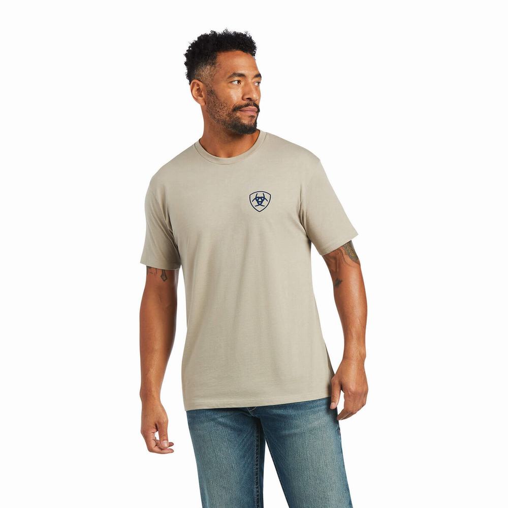 Magliette Polo Ariat Woodgrain Flag Uomo Khaki | IT218HJYC