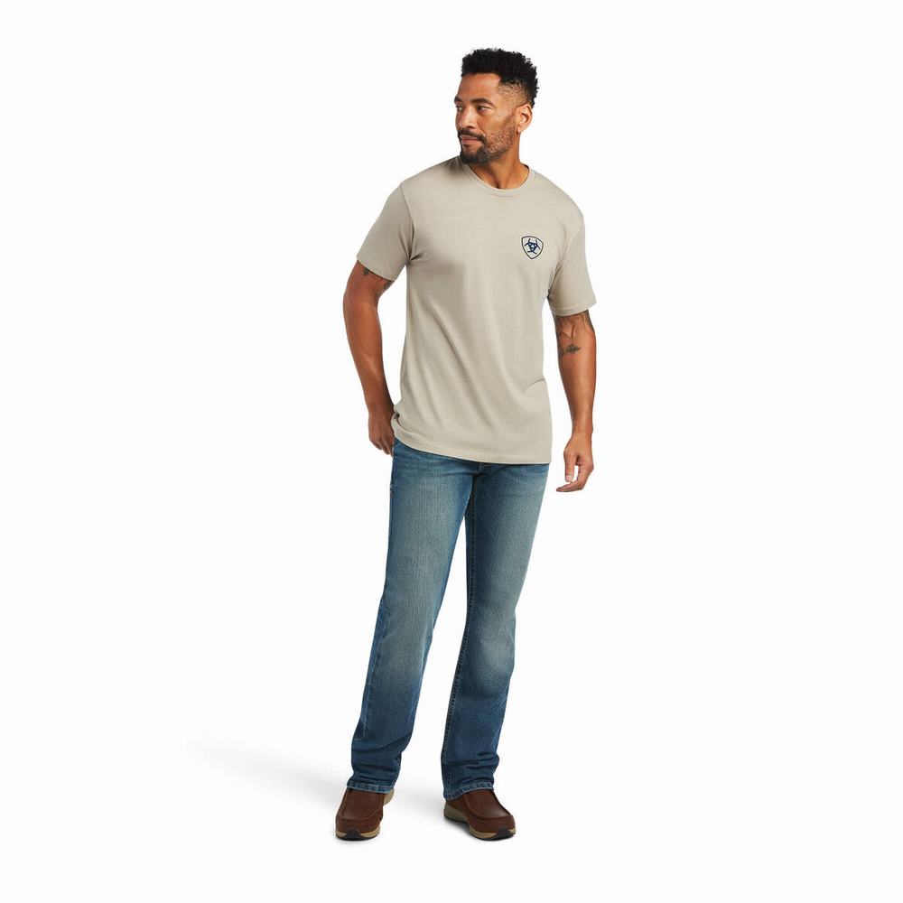 Magliette Polo Ariat Woodgrain Flag Uomo Khaki | IT218HJYC