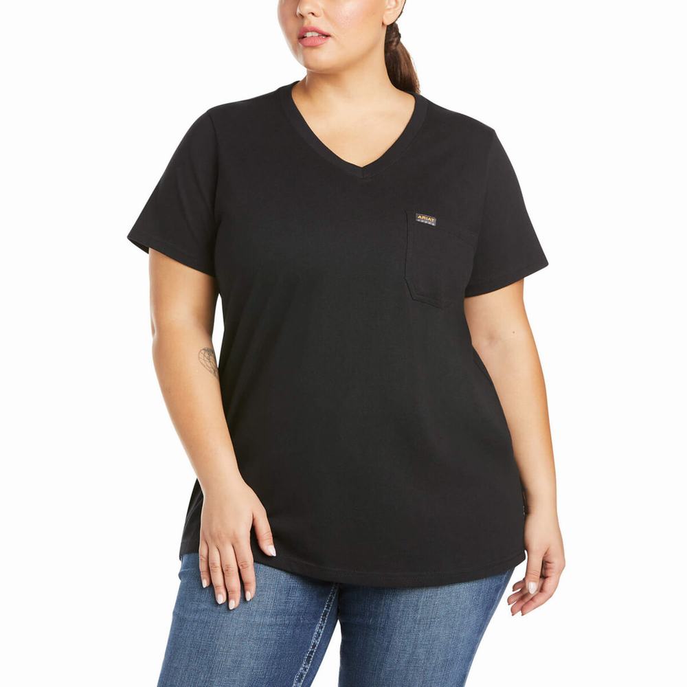 Short Sleeve Ariat Rebar Cotone Strong V-Neck Donna Nere | IT093FJVI