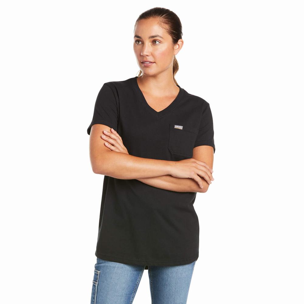 Short Sleeve Ariat Rebar Cotone Strong V-Neck Donna Nere | IT093FJVI