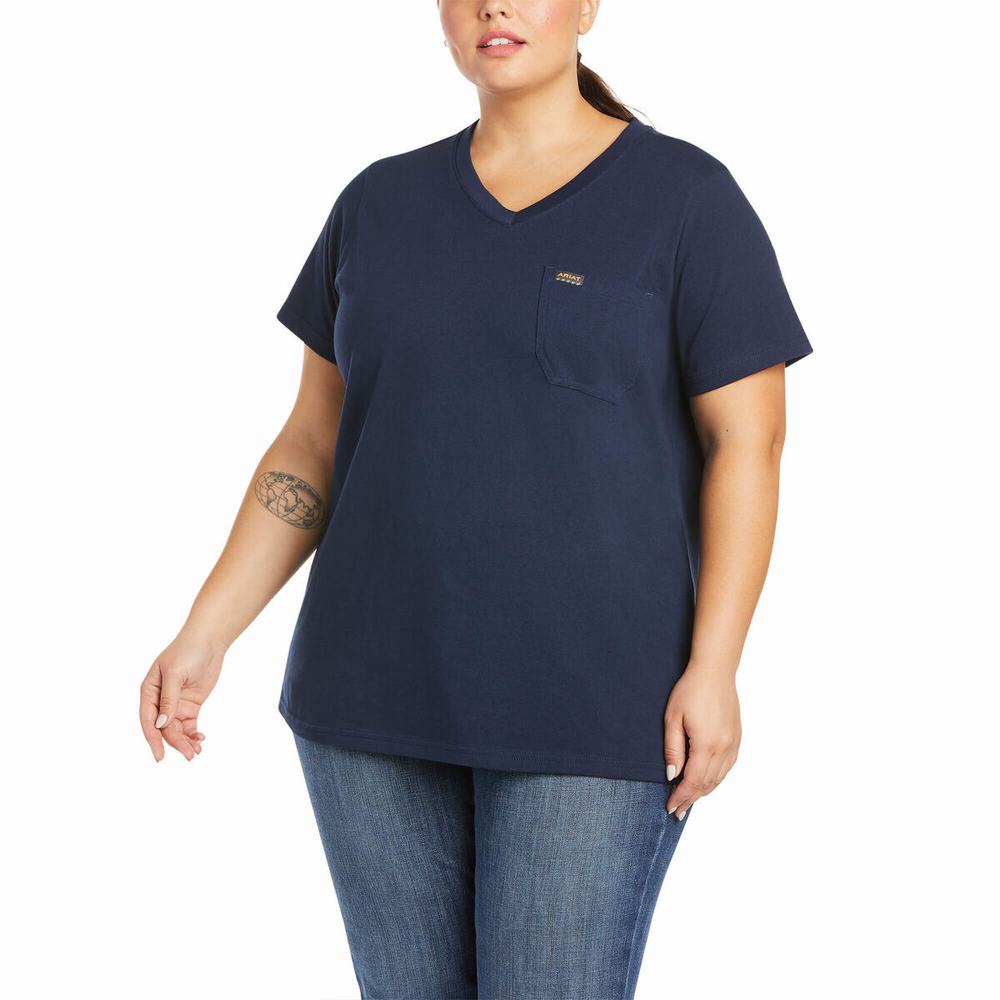 Short Sleeve Ariat Rebar Cotone Strong V-Neck Donna Blu Marino | IT098RXBT