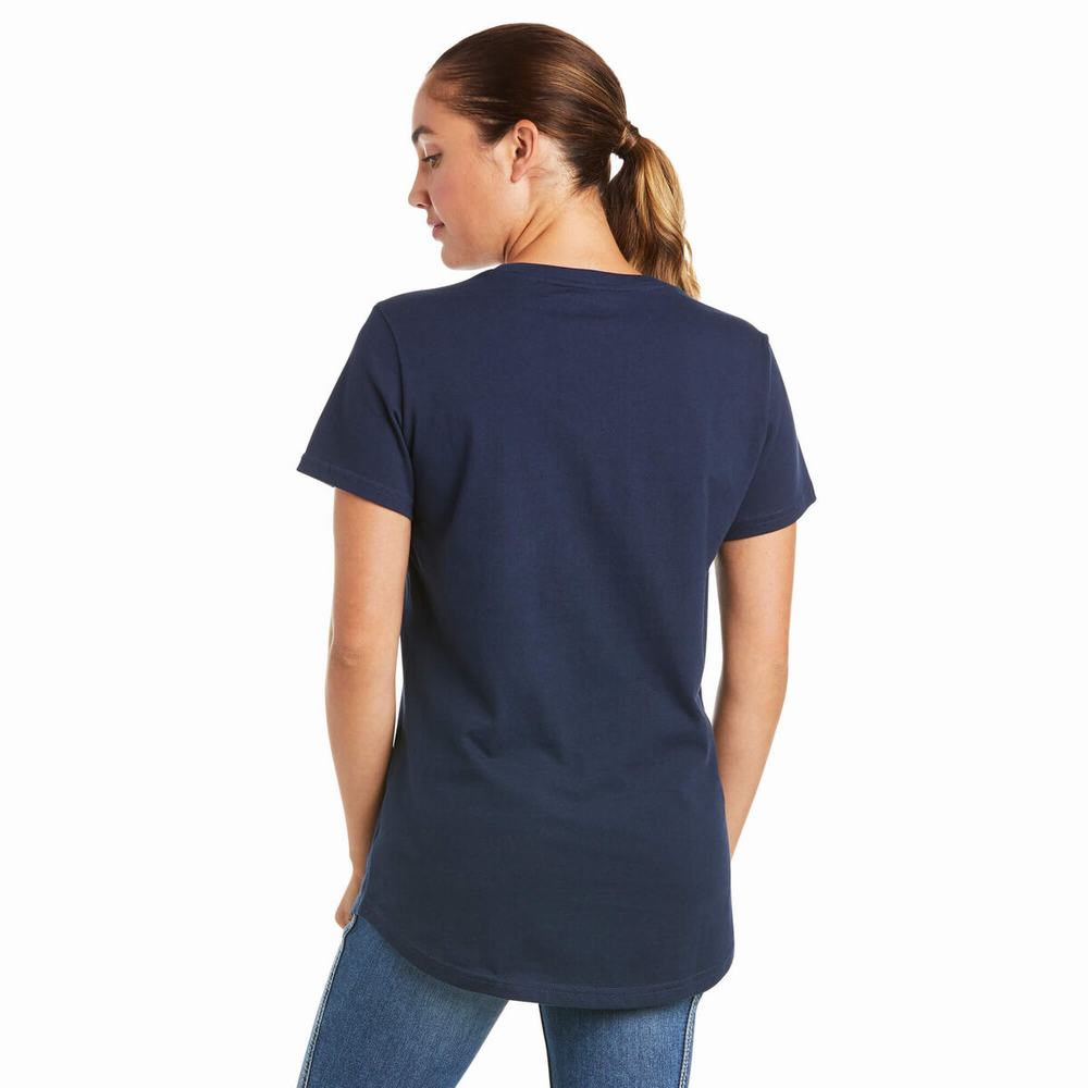 Short Sleeve Ariat Rebar Cotone Strong V-Neck Donna Blu Marino | IT098RXBT