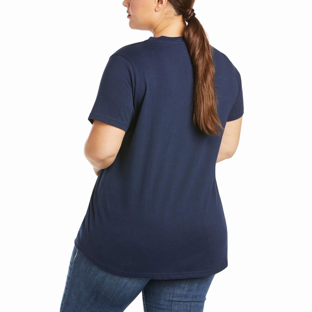 Short Sleeve Ariat Rebar Cotone Strong V-Neck Donna Blu Marino | IT098RXBT