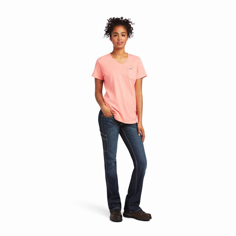 Short Sleeve Ariat Rebar Cotone Strong V-Neck Donna Colorate | IT462UIEG