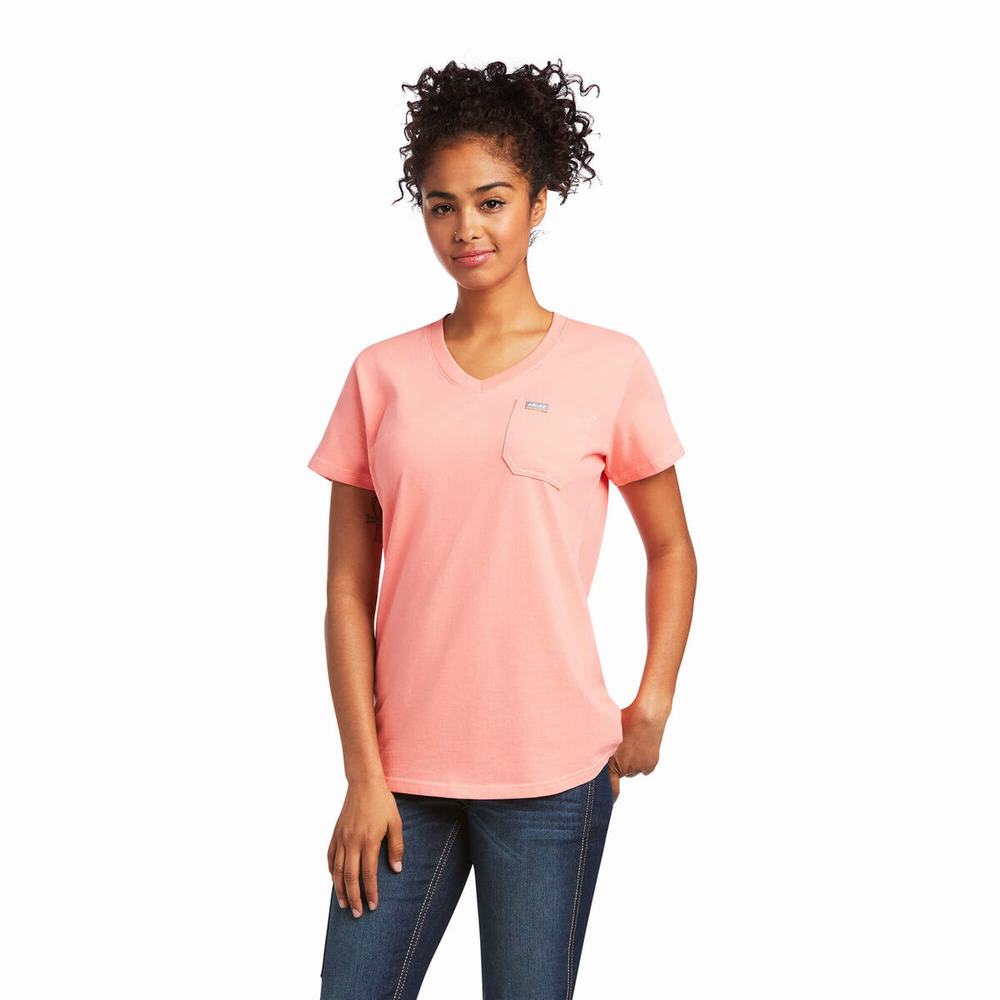 Short Sleeve Ariat Rebar Cotone Strong V-Neck Donna Colorate | IT462UIEG