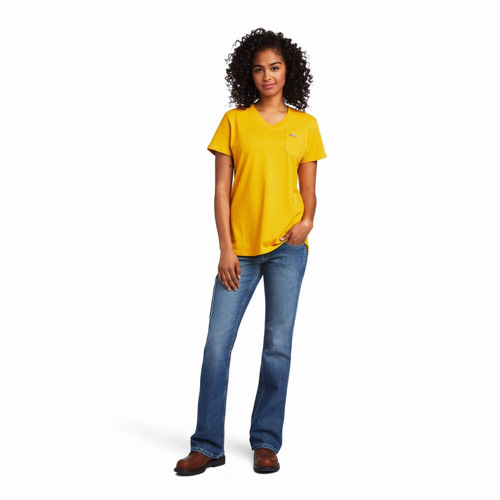 Short Sleeve Ariat Rebar Cotone Strong V-Neck Donna Oro | IT573MPRN