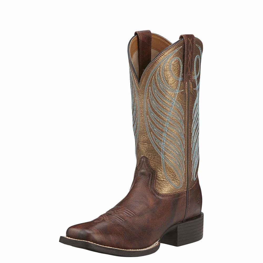 Stivali Western Ariat Round Up Larghe Square Punta Donna Marroni | IT675OYJX