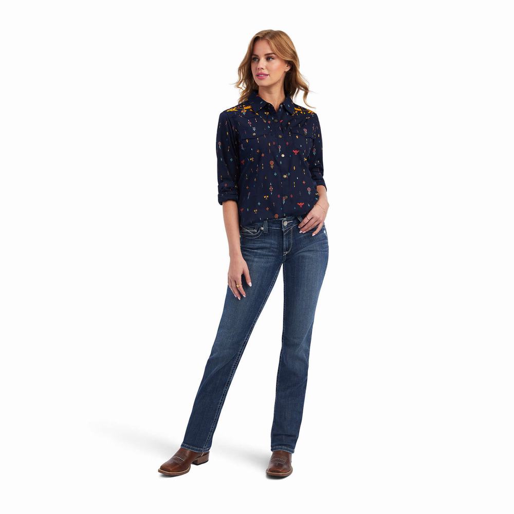 Top Ariat REAL Dakota Snap Donna Blu Marino Colorate | IT045XGHK