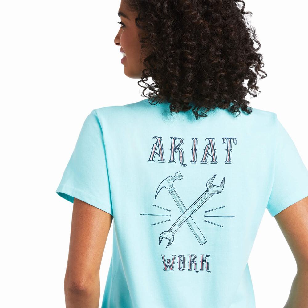 Top Ariat Rebar Cotone Strong Wrench Grafica Donna Verde Acqua Chiaro Blu | IT102SAFY